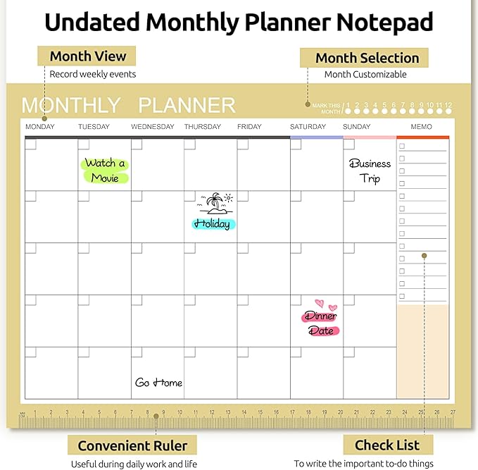 Phyxin Undated Planner, 54 Sheets Blank Calendar, 11.2" x 8.3" Monthly Calendar Planner, Tear Off Undated Monthly Planner with Memo for Women, Students, Teachers, Yellow