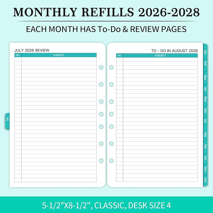 2026-2028 Monthly Planner Refill - A5 Planner Inserts with 7-Hole Punched for 7-Ring Binder, 5-1/2" x 8-1/2", 2 Year Monthly Calendar with Tabs, July 2026 to June 2028