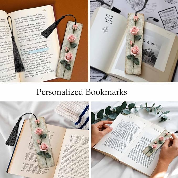 Pink Rose Bookmarks 5 Pcs Vintage Paper Romantic Flower Branches Wooden Bookmark with Tassels for Reading Book Lovers Gift Office School Readers Teacher