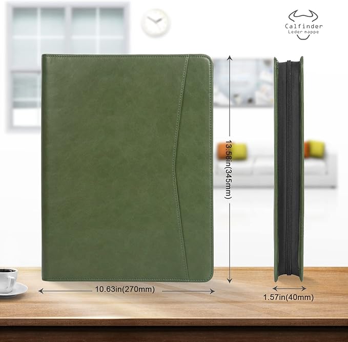 Personalized Leather Portfolio with Zipper, Professional Business Padfolio with A4/US Letter Writing Pad Holder, Folio for Men and Women, Green