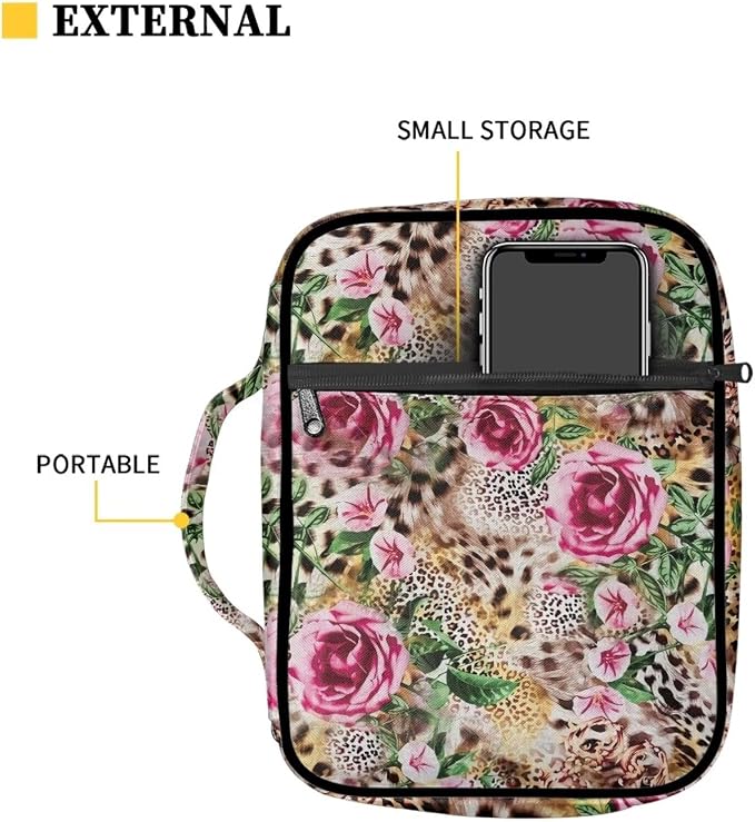 Coldinair Rose Flower Bible Cover for Men Leopard Bible Case Handbag for Women Larger Bible Bags Totes Carrying Case with Handle Travel Bible Accessories for Women, Cheetah Brown, Pink Flower