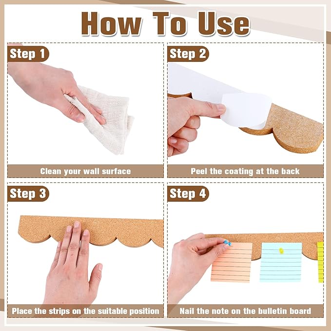 CroBlissful 4 Pcs Cork Strips Bulletin Bar Strip for Wall 14. 5 x 2 Inch Frameless Cork Board Strips with 50 Push Pins, Self Adhesive Backing, for Classroom Office Home Cubicle(Scalloped Style)