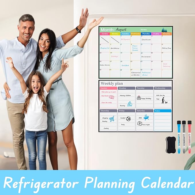 Magnetic Calendar Combo Set – 17x12” Magnetic Monthly & Weekly Dry Erase Calendar for Fridge, Family and Classroom Planning, Includes 3 Markers and Eraser