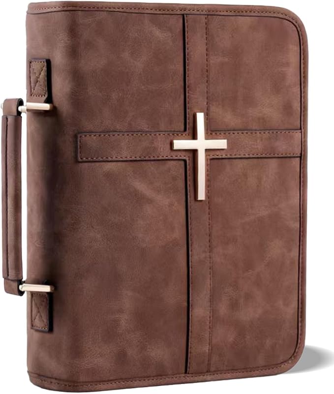 Vegan Leather Bible Cover for Men & Women, Bible Case with Gift Box, Christian Catholic Religious Bible Gifts (Brown)