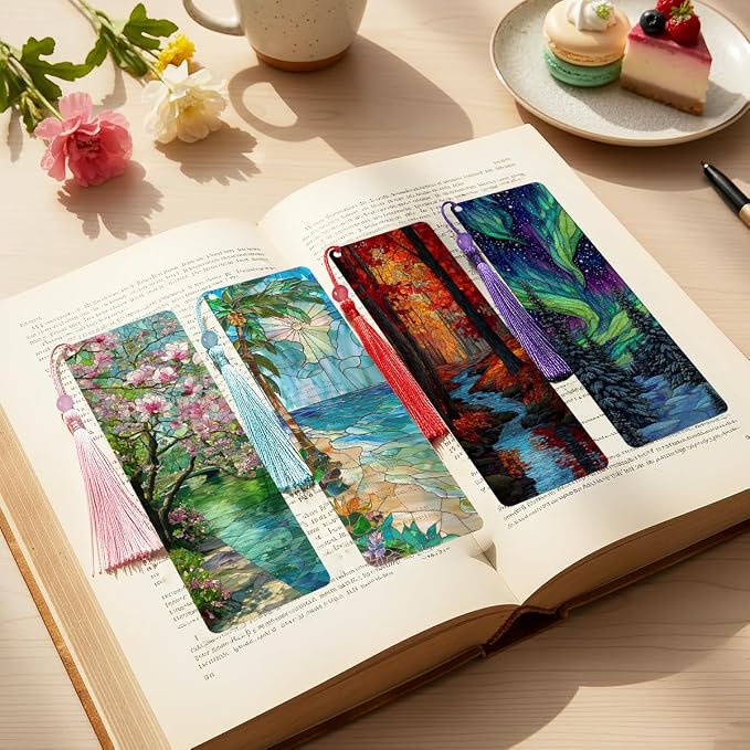 4 Pcs Seasons Transparent PVC Bookmarks with Tassels, Stained Glass Art Bookmark Gifts for Women Men, Elegant Book Loves Accessories, Fantasy Reader Gift for Bookish Men
