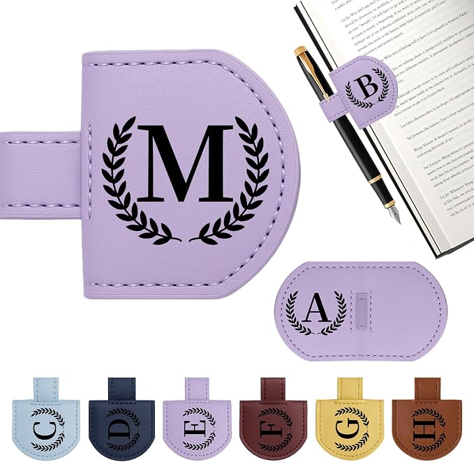 Personalized Magnetic Bookmark Pen Holder, Leather Book Marks for Reading Women& Men, Engraving 26 Letters Name Initial Bookmarks with Pencil Pen Holder, Gift for Book Lovers, Readers (Purple, M)