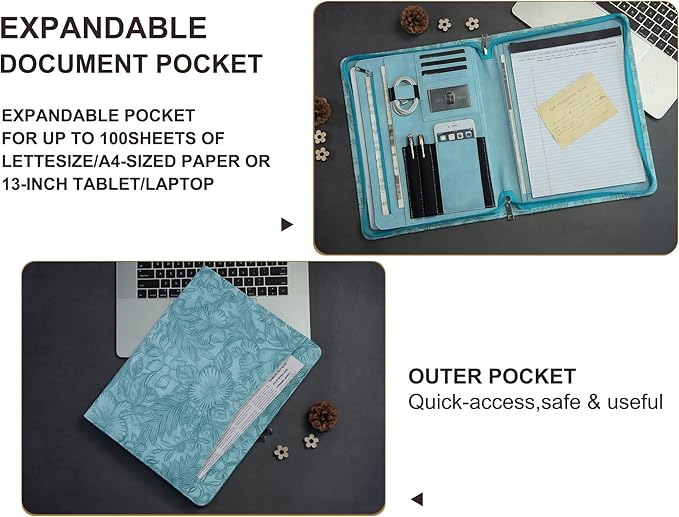 AZXCG Leather Portfolio with Zipper, Embossed PU Leather Padfolio Folio, Professional Business Document Organizer with A4 Letter Sized Writing Pad Holder(Sky Blue, Standard)