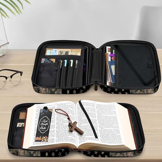 Camouflage Hunting Tactical Camo American Flag Bible Cover Case Carrying Book Protector Case Bible Study Supplies Accessories Holder Case Christian Gift for Women Men