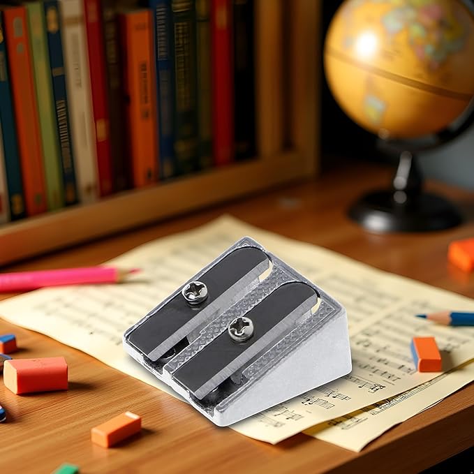 Silver Metal Bevelled Double Hole Pencil Sharpener School Office Sharpener Stationery Writing and Correction Supplies,Office and School Supplies