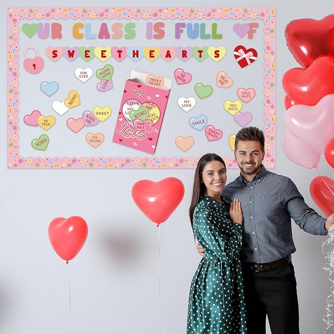 Gueevin 100 Pcs Valentine's Day Bulletin Board Set 3D Sweetheart Box with Conversation Heart Stickers Decorations Our Class Full of Sweethearts Cutouts for Valentine's Office School Classroom Decor
