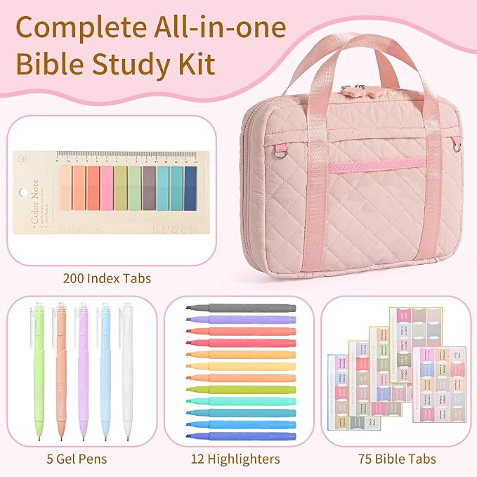 Quilted Bible Cover for Women, Zippered Bible Case with Handle, Bible Organizer Bag w/Multiple Pockets & Pen Slots Lightweight Bible Tote Bag for Church Study, Gifts for Women (Pink)