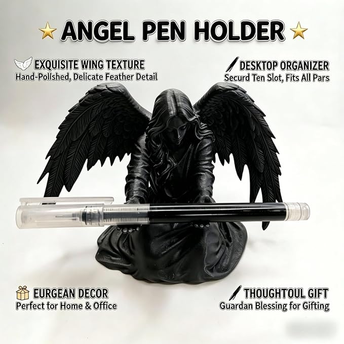 Angel Pen Holder with Hand-Polished Feather Wings, Desktop Organizer, Home & Office Decor, Guardian Gift (Black)