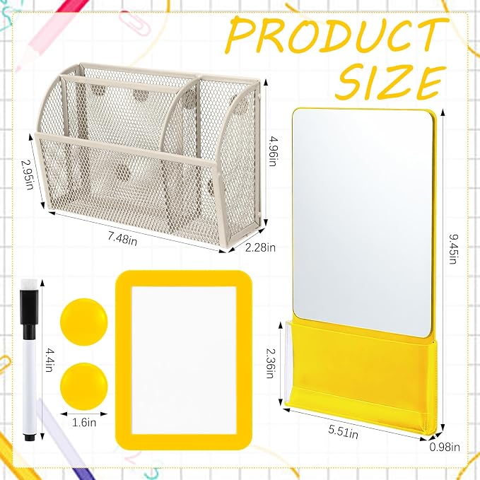 Fuyoooo Magnetic Locker Accessories Back to School Essentials Include Magnetic Mirror with Holder Magnet Mesh Pen Holder Small Whiteboard and Magnet for Office School Locker Organizer(Classic,Yellow)