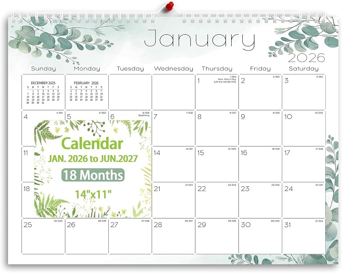 Ymumuda Wall Calendar 2026-2027,11"×14", 18 Months from JAN. 2026 to JUN. 2027, Hanging Calendar Spiral Binding, Unique Monthly Calendar for Easy Planning，Perfect for School Office Work Schedule