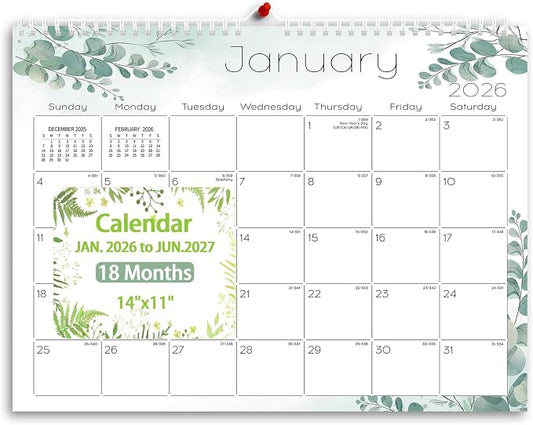 Ymumuda Wall Calendar 2026-2027,11"×14", 18 Months from JAN. 2026 to JUN. 2027, Hanging Calendar Spiral Binding, Unique Monthly Calendar for Easy Planning，Perfect for School Office Work Schedule