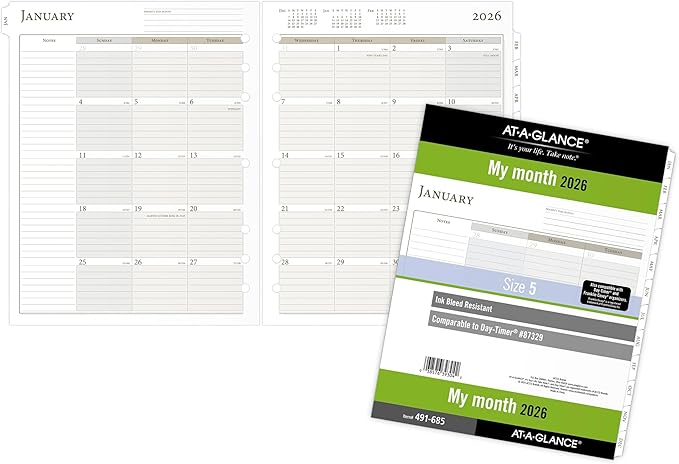 AT-A-GLANCE 2026 Planner Refill, Monthly, 8-1/2" x 11", Folio Size 5, Loose-Leaf (491-685-26)