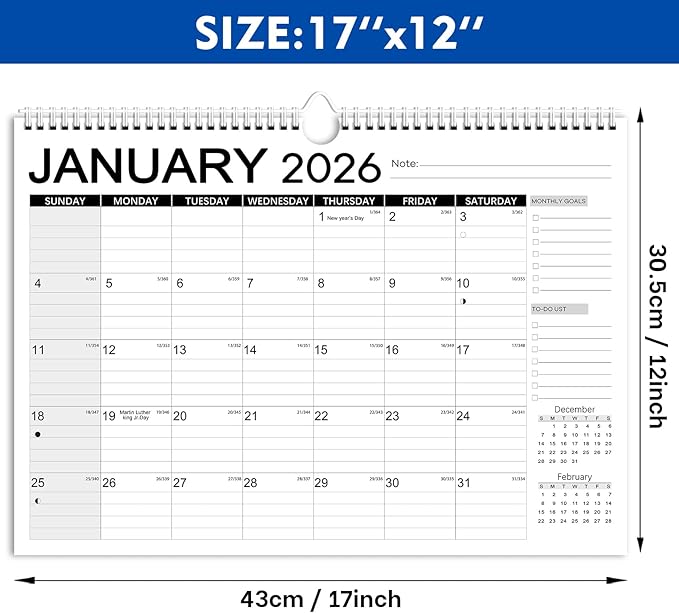 AECCN Calendar 2026-2027, Large days Blocks, 17" x 12" Large Wall Calendar 18 Months with Stickers, Anti Ink Bleed, Durable Thick Paper, 2026-2027 Calendars for Home, Office, Teacher Supplies- Simple