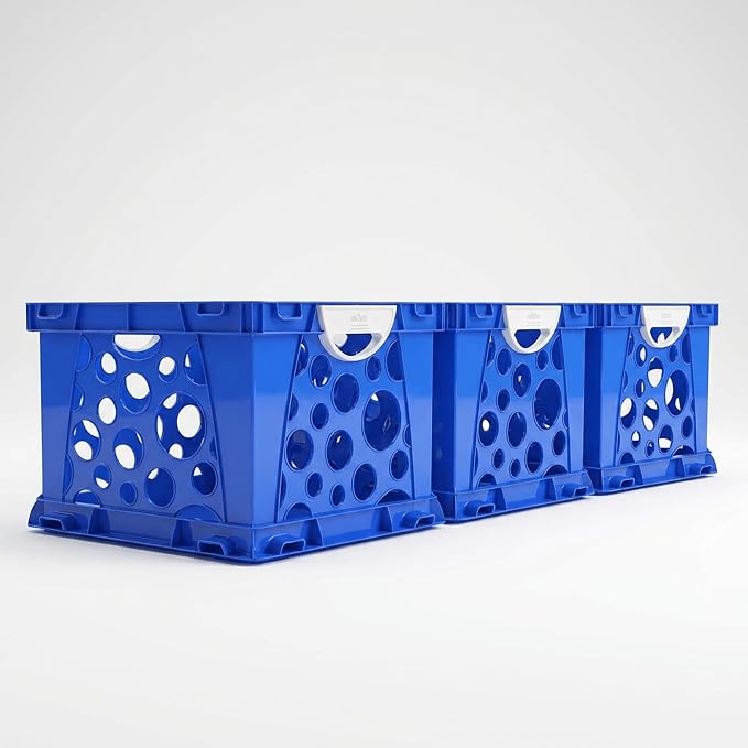 Storex Premium File Crate with Molded Handles – Letter & Legal Document Storage, Stackable, Heavy Duty Plastic, Classroom Blue, 3-Pack