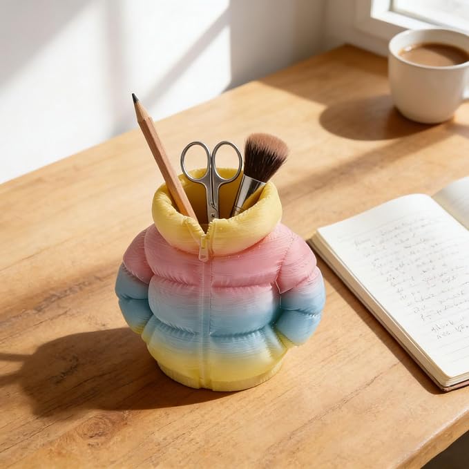 YOKUSHI Down Jacket Pen Holder, 3D Printed Funny Puffer Jacket Pencil Holder, Creative Desk Organizer for Office Supplies, Cute Unique Stationery Holder for Desk, Quirky Gift for Women Men (Colored)