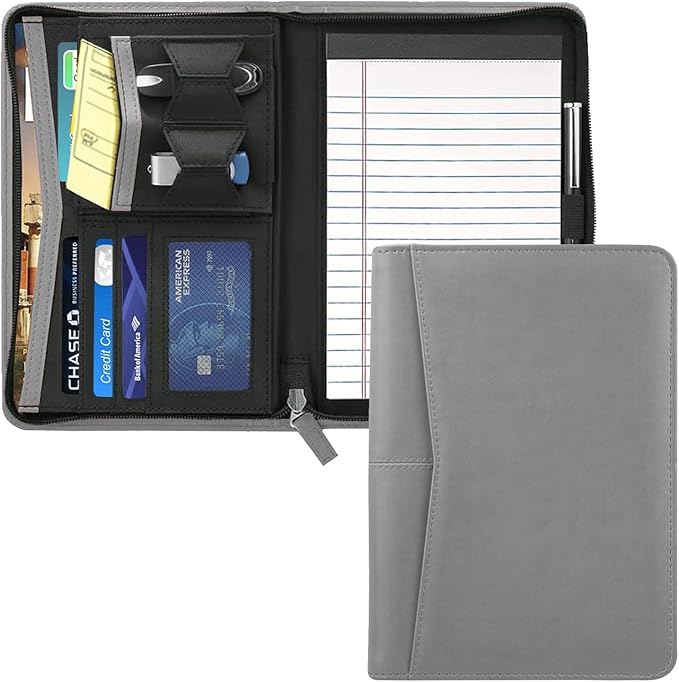 Junior Business Padfolio - A5 PU Leather Portfolio Binder & Zippered Binder Folder with 5 x 8 Writing Pad and Interior Storage Pocket Executive Business Organizer for Men Women,Gray