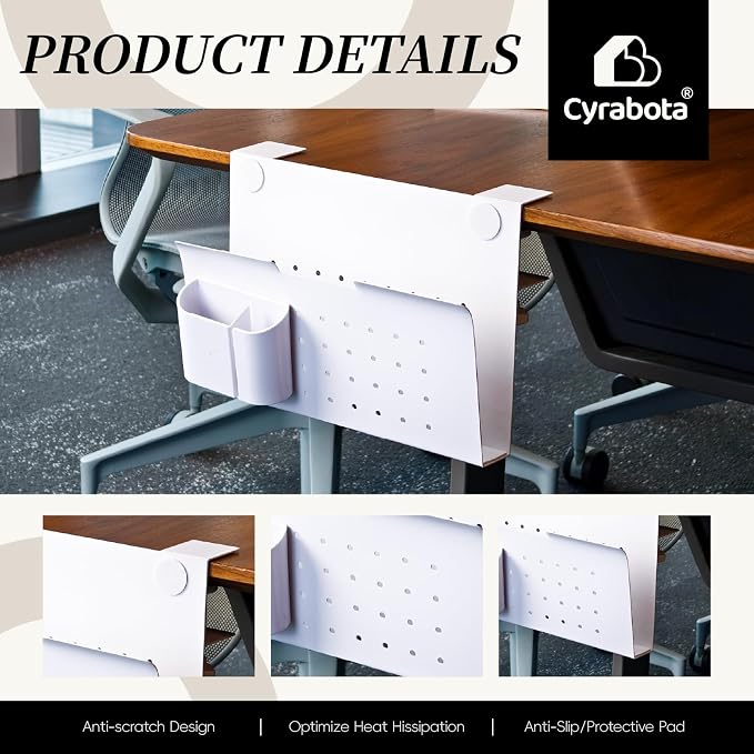 Under Desk Laptop Holder, No Drill Table Side Storage Organizer, White Clamp On Desktop Shelf Steel Table Hanging Mount File Tray, Desk Accessories & Workspace Organizers (White)