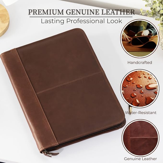 Leather Padfolio with Zipper – Business Portfolio for Men and Women, Legal Pad Portfolio, Leather Folder, Professional Padfolio for Meetings and Interviews