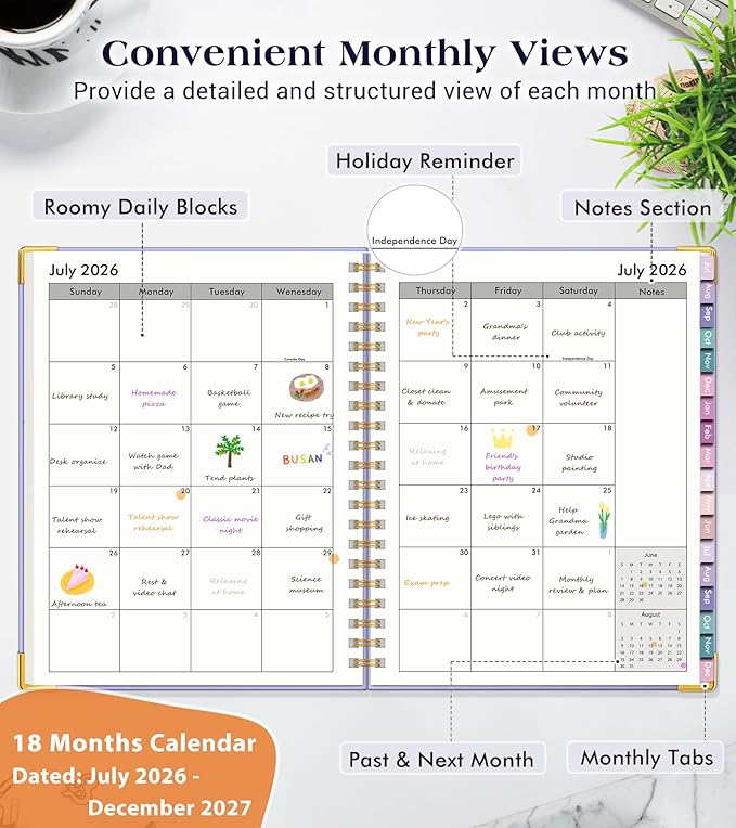 Academic Planner 2026-2027, 18 Months Weekly and Monthly Hardcover Planner, July 2026 - December 2027, 8.5" x 11" A4 Large Daily Calendar Planner Book with Tabs, Spiral College School Agenda Organizer for Student Teacher, Purple