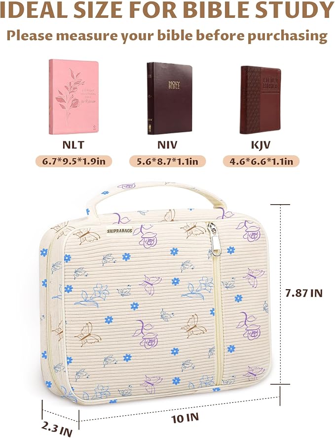 shirabags Bible Cover Case for Women, Corduroy Bible Bag Tote with Handles, Soft Floral Book Cover Large Size, Study Carrier Bag Case Christian Gifts for Women (Butterfly Floral, M)
