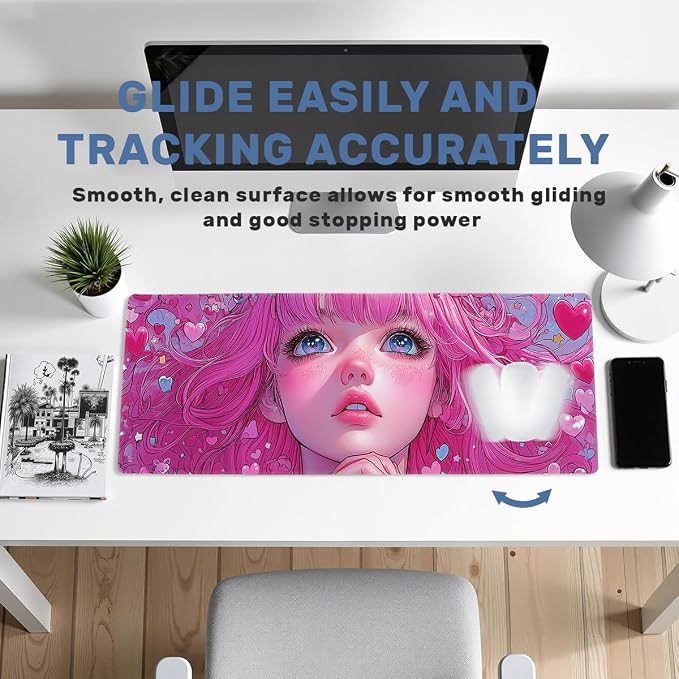 Anime Girl Gaming Mouse Pad 35.4 x 15.7 Inches Kawaii Pink Hair Heart Eyes Love Desk Mat Mouse Mat XXL Laptop Keyboard Pad, Laptop Keyboard Mousepad Aesthetic Accessories for Women