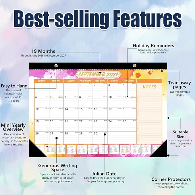 GuassLee Desk Calendar 2026-2027 - 19 Monthly Calendar from Jun. 2026 to Dec. 2027, 11.5"x17" Large Desktop Calendar with Thick Paper, Corner Protectors for Desk Home Office Easy Planning