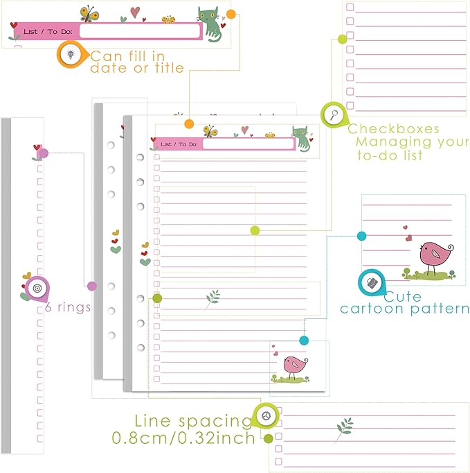 Rancco A5 Planner Inserts to Do List, 90 Pages Colorful 6-Ring Loose-leaf Planner Refills w/Binder Divider, Zipper Pouch, Ruler, Index Tab for Personal Journal, Filofax, Double-sided,Undated,5.5×8.3"