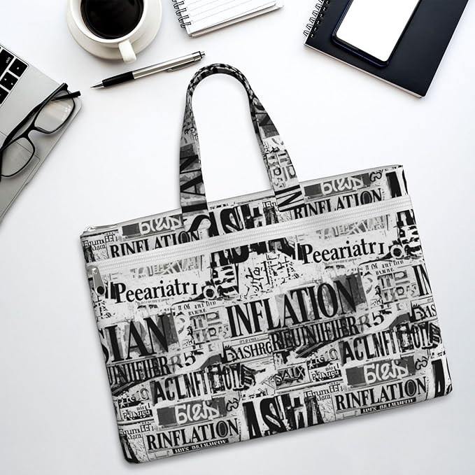 Waterproof Canvas Zipper Document Organizer Ancient Newspaper, Double Pocket File Storage Bag with Handle for Office Use