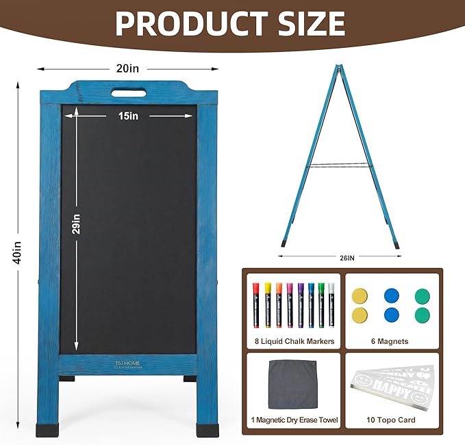 Magnetic Portable A-Frame Chalkboard Signs, 40" x 20" Large Wood Sandwich Board Signs Outdoor, Double-Sided Sidewalk Standing Chalk Board for Business, Wedding, Vendor Display, Coffee Shope - Blue