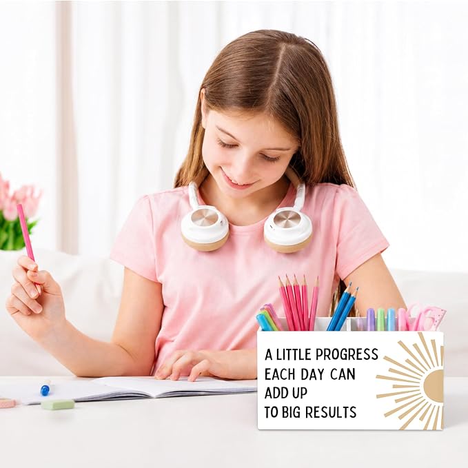 Boho Classroom Pen Pencil Holder for Desk, A Little Progress Each Day Can Add Up To Big Results Motivational Wooden Box Sign Decorations for Kids Room Bedroom Playroom Desk Tabletop
