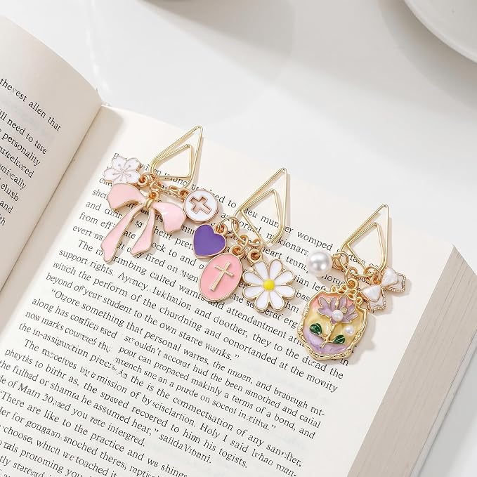 Wxiben Bow Paper Clip Bookmark - 3 Pcs Flower Cross Metal Paperclip Book Mark with Charms Page Marker Planner Decorative Paper Clips Gifts for Women Reading Book Lover School Accessories