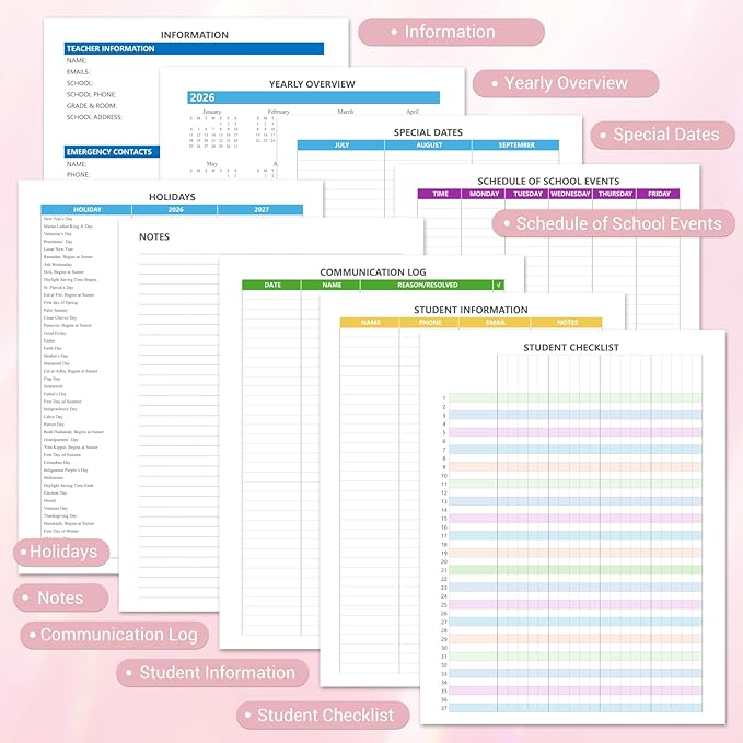 Teacher Planner 2026-2027, Jul 2026-Jun 2027 Academic Year, 8.5" x 11" Lesson Planner Book for Teachers Calendar, Spiral Bound Planners, Colorful Monthly Tabs, Hardcover, Corner Protectors - Pink