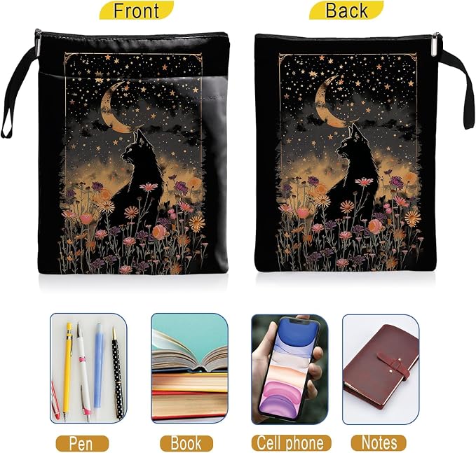 Cat Book Sleeve,Book Covers for Paperbacks,Book Sleeves with Zipper, Book Pouch Cat Lover Gifts for Women Teacher Daughter Graduation Birthday Gifts (Black Cat and Flower, Large)