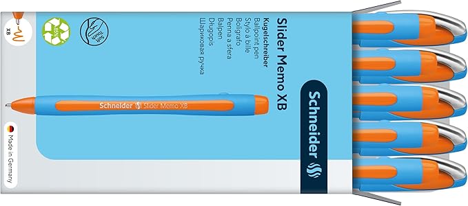 Schneider Slider Memo XB (Extra Broad) Ballpoint Pen, 1.4 mm, Light Blue Barrel, Orange Ink, Box of 10 Pens (150206)