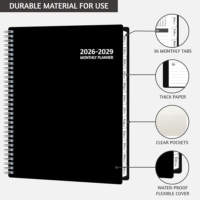 Monthly Planner 2026-2029, 36 Months Calendar Planner 2026-2029 from Jul 2026 – Jun 2029, 8.5'' x 11'' with Ruled Spread, Flexible Cover, Spiral Wirebound, Pocket, Coated Tabs, Notes ＆ Habit Tracker