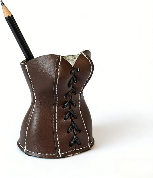 Faux Leather Lace-Up Corset Pencil Holder – Gothic Y2K Desk Pen Cup Makeup Brush Organizer Mini Storage for Home Office, Deep Brown