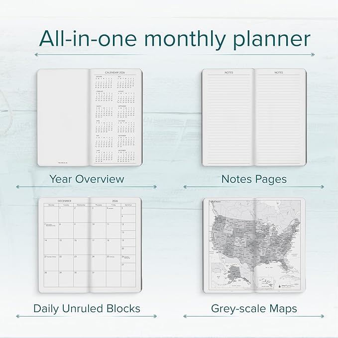 Harbor Pocket Weekly Monthly Planner 2025-2026, Calendar Planner and Notebook, Durable Faux Leather, 192 Pages, Softcover & Book Bound - Cambridge Reef Blue - 6 x 3.25 "