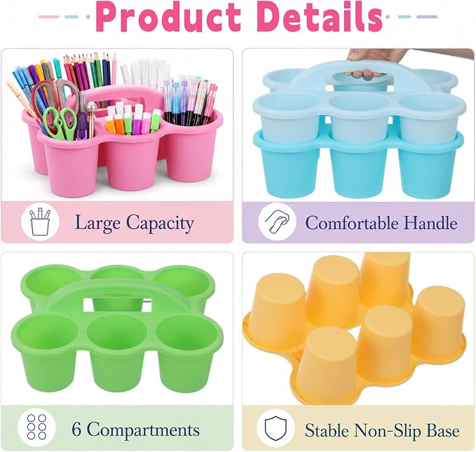 Plastic Caddy with Handle Set of 6 Classroom Caddy Organizer Cup Caddies Water Bottle Storage Crayon Caddies Plastic Cup Holder Drink Carrier for School Home Office Supplies (Pastel)