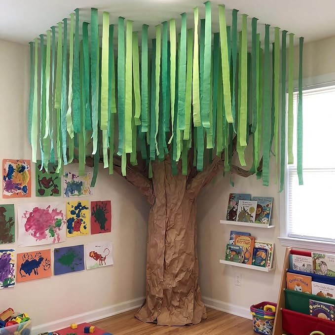 Watersay Classroom Tree Bulletin Board Decorations Set 196 ft Green Crepe Paper 98 ft Brown Kraft Paper Roll DIY 3D Cardboard Tree Woodland Bulletin Board Wall Decoration for School Teacher Chalkboard