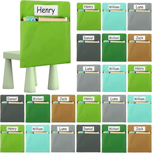 gisgfim 24 Pcs Chair Pockets for Classroom 17 x 20 Inch s with Name Tag for Classroom Chairback Pockets Chairs Seat Back Organizer for Student Elementary School Daycare Home Supply (Greenery)