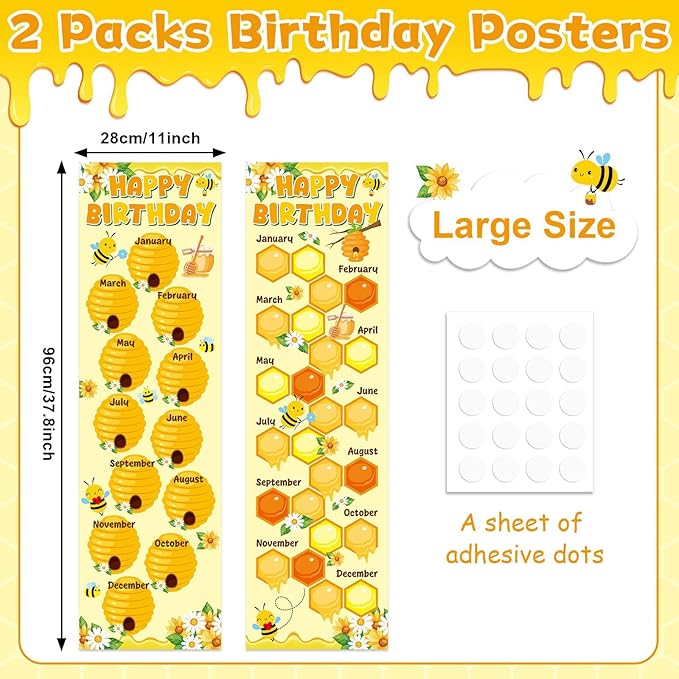 Bee Happy Birthday Poster Chart Calendars Bulletin Board Decorations Honey Bumble Birthday Classroom Wall Door Decor for Hive Birthday Bulletin Boards Nursery Home Kindergarten Back to School Supplies