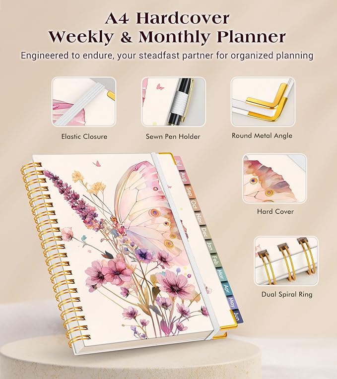 Academic Planner 2026-2027, Hardcover Weekly and Monthly Calendar Planner from July 2026 - June 2027, 8.5" x 11" A4 Large Daily Agenda with Tabs, College School Organizer for Student Teacher, Butterfly Bouquet