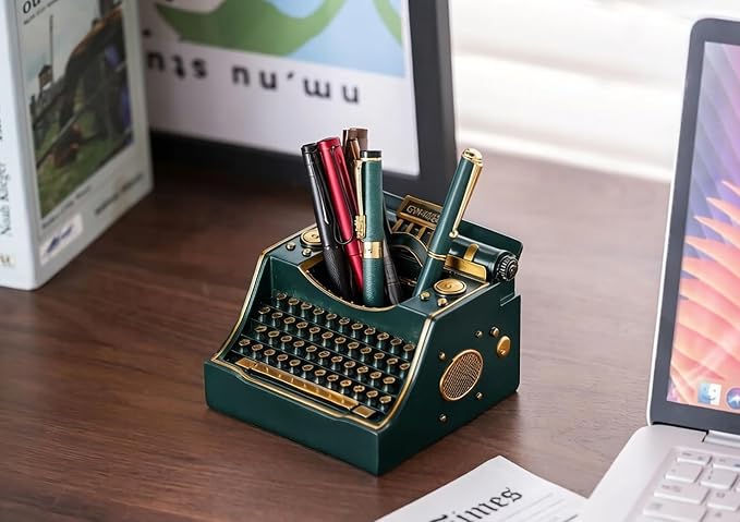 Retro Typewriter Pen Holder Decorative Resin Vintage Pencil Holders Desk Organizer for Writer's Desk (Green)