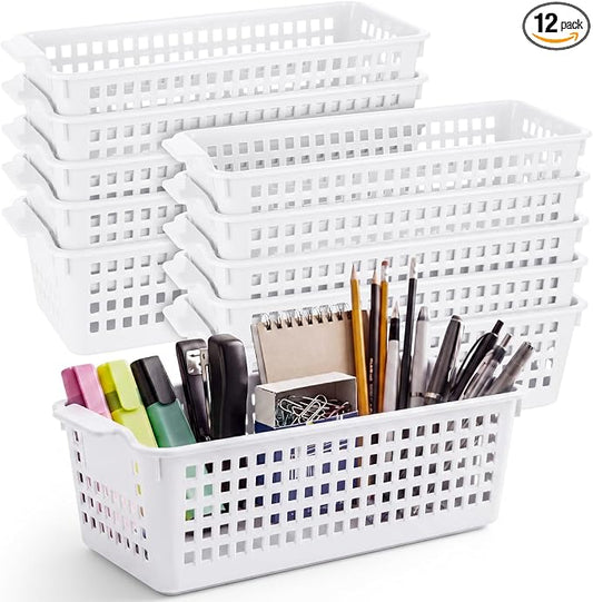 Domensi White 12 Pcs Slim Plastic Storage Baskets for Organizing 11.6" x 5" x 3.4" Small Narrow Storage Bins with Handles & Label Area Thin Pencil Trays for Bathroom Drawer Office Desk Closet