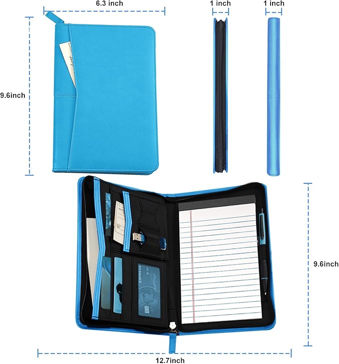 Lcjtop Junior Business Padfolio - A5 PU Leather Portfolio Binder & Zippered Binder Folder with 5 x 8 Writing Pad and Interior Storage Pocket Executive Business Organizer for Women,Blue