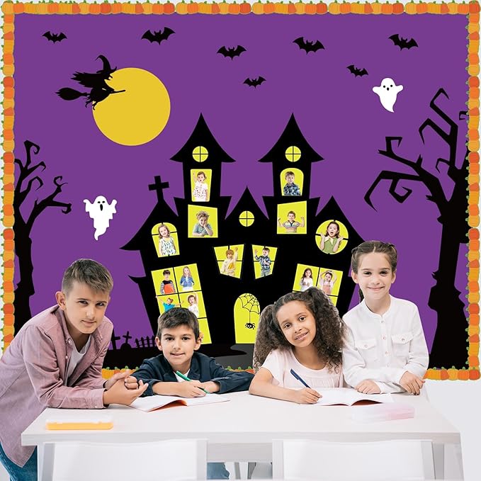 Halloween Classroom Bulletin Board Decoration Set Halloween DIY Photo Craft Castle Pumpkin Witch Bat Moon Paper Cutouts for School Offices Classroom Chalkboard Wall Holiday Decor Supplies